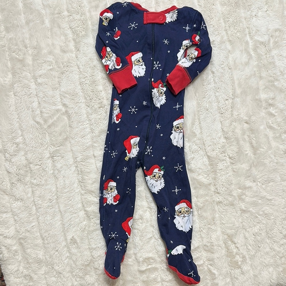 EUC TBBC navy Santa Print zipper sleeper 6/12 mo
